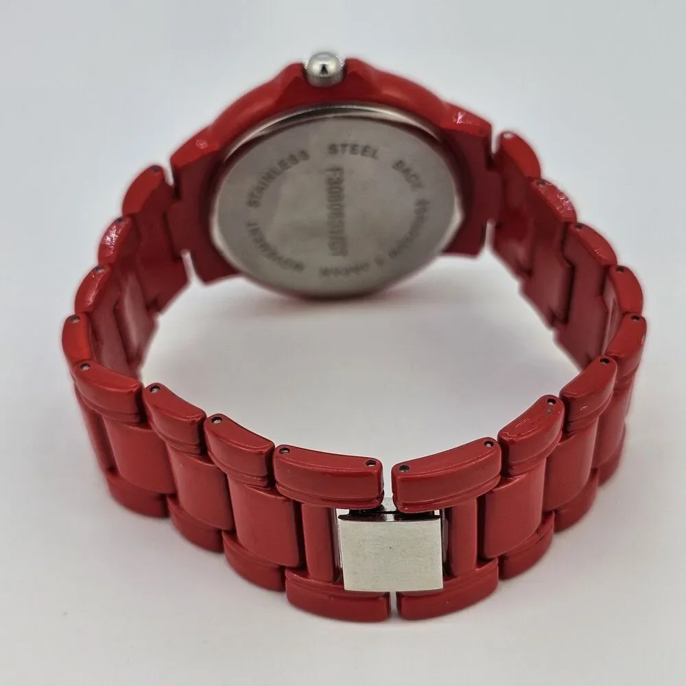 40MM Women's Watch White Dial Gemmed Bezel Red Metal Bands 7.5